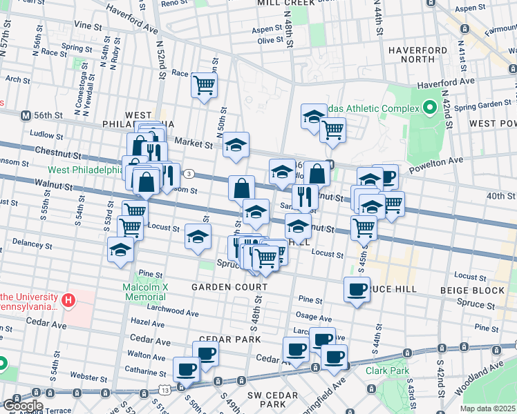 map of restaurants, bars, coffee shops, grocery stores, and more near 4840 Chestnut Street in Philadelphia