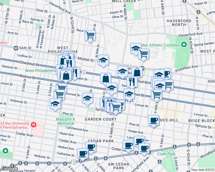 map of restaurants, bars, coffee shops, grocery stores, and more near 4840 Chestnut Street in Philadelphia