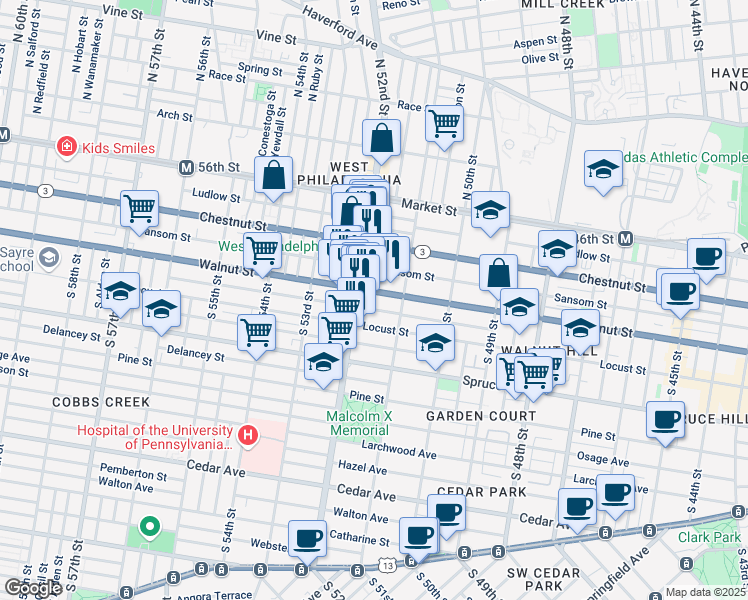 map of restaurants, bars, coffee shops, grocery stores, and more near 5151 Walnut Street in Philadelphia