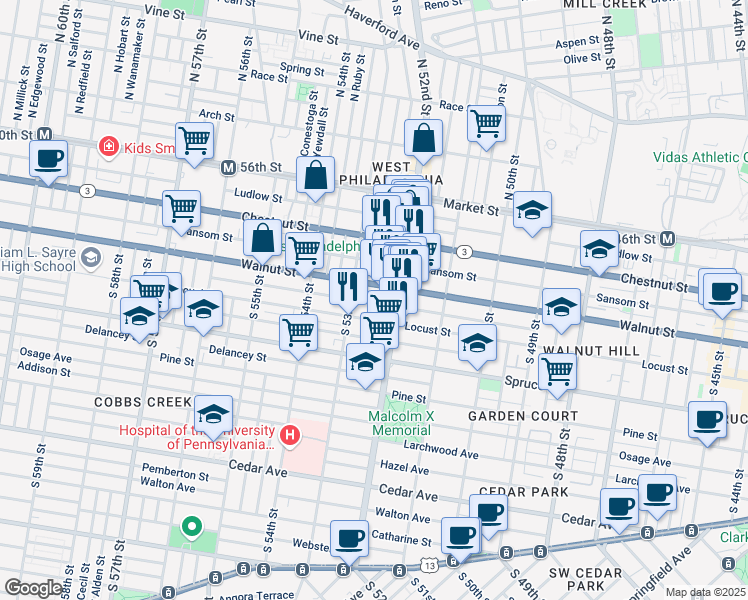 map of restaurants, bars, coffee shops, grocery stores, and more near 5228 Walnut Street in Philadelphia