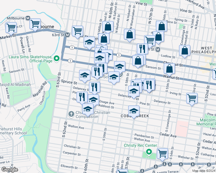 map of restaurants, bars, coffee shops, grocery stores, and more near 246 South 59th Street in Philadelphia