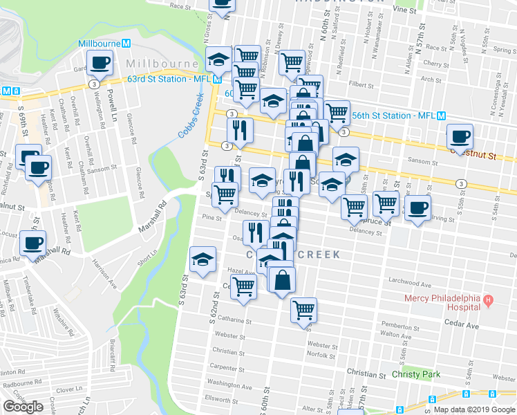 map of restaurants, bars, coffee shops, grocery stores, and more near 6121 Spruce Street in Philadelphia