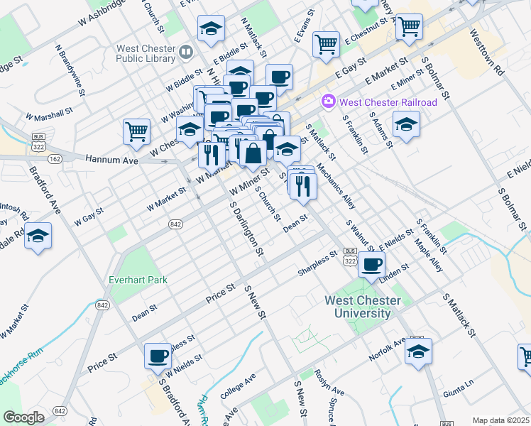map of restaurants, bars, coffee shops, grocery stores, and more near 106 West Barnard Street in West Chester