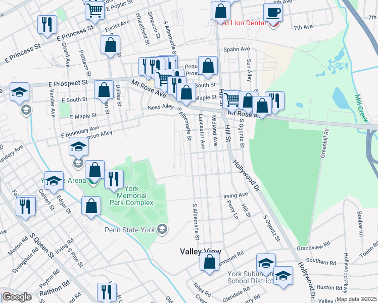 map of restaurants, bars, coffee shops, grocery stores, and more near 1090 East Springettsbury Avenue in York
