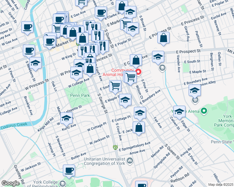 map of restaurants, bars, coffee shops, grocery stores, and more near 118 East Charles Lane in York