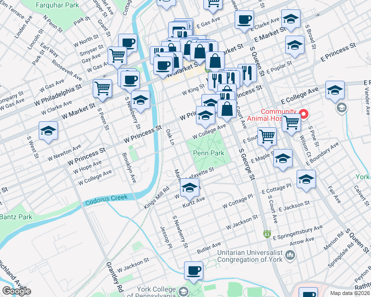 map of restaurants, bars, coffee shops, grocery stores, and more near 30 West College Avenue in York