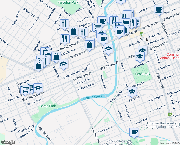 map of restaurants, bars, coffee shops, grocery stores, and more near 442 Salem Avenue in York