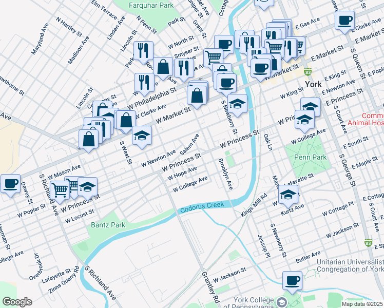 map of restaurants, bars, coffee shops, grocery stores, and more near 442 Salem Avenue in York