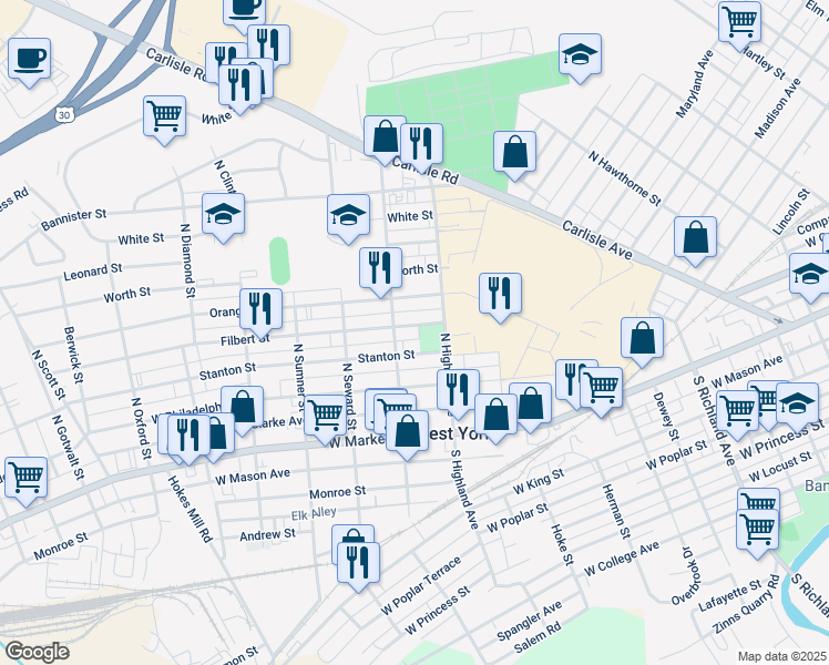 map of restaurants, bars, coffee shops, grocery stores, and more near 1428 Filbert Street in West York