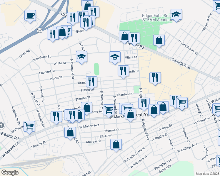 map of restaurants, bars, coffee shops, grocery stores, and more near 1627 Hope Alley in West York