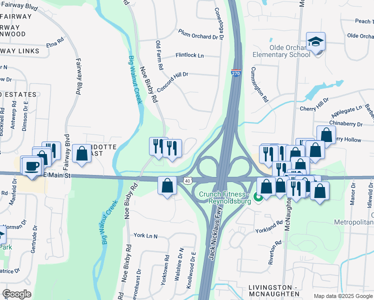 map of restaurants, bars, coffee shops, grocery stores, and more near 1245 Park Plaza Drive in Columbus