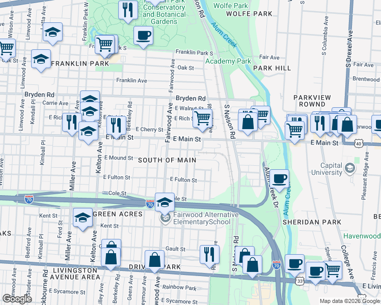 map of restaurants, bars, coffee shops, grocery stores, and more near 507 Bulen Avenue in Columbus