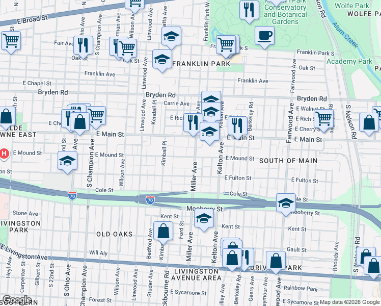 map of restaurants, bars, coffee shops, grocery stores, and more near 458 Miller Avenue in Columbus