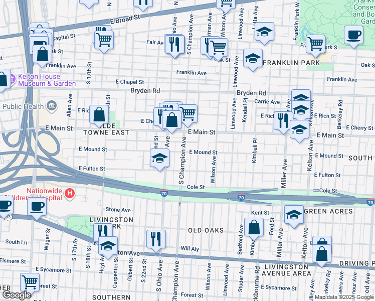 map of restaurants, bars, coffee shops, grocery stores, and more near 418 South Champion Avenue in Columbus