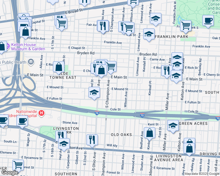 map of restaurants, bars, coffee shops, grocery stores, and more near 418 South Champion Avenue in Columbus