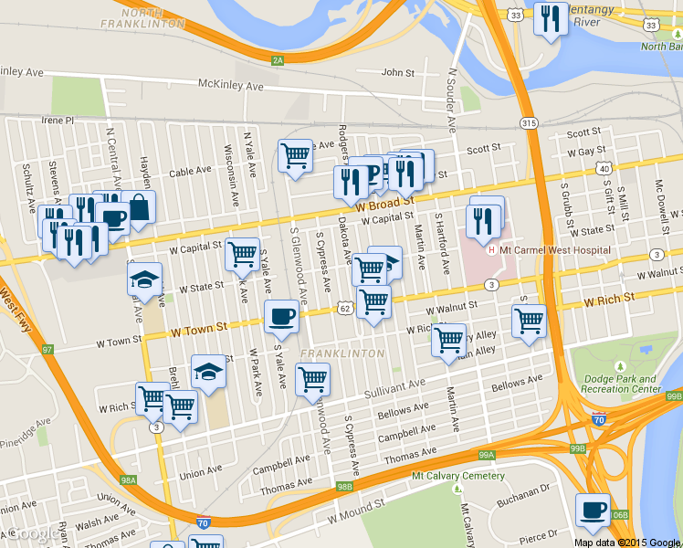 map of restaurants, bars, coffee shops, grocery stores, and more near 93 Dakota Avenue in Columbus