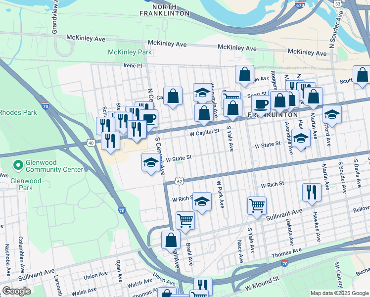 map of restaurants, bars, coffee shops, grocery stores, and more near 52 Dana Avenue in Columbus