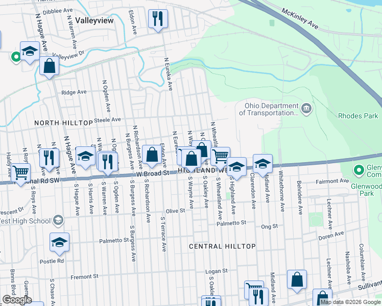 map of restaurants, bars, coffee shops, grocery stores, and more near 72 North Wayne Avenue in Columbus