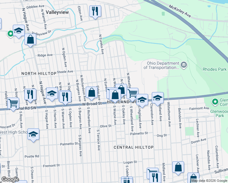 map of restaurants, bars, coffee shops, grocery stores, and more near 72 North Wayne Avenue in Columbus