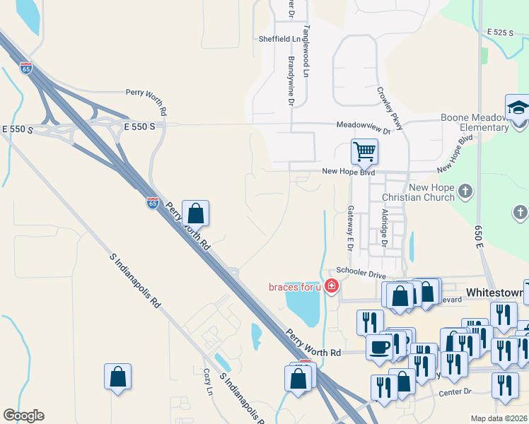map of restaurants, bars, coffee shops, grocery stores, and more near 5501-6163 Perry Worth Road in Whitestown