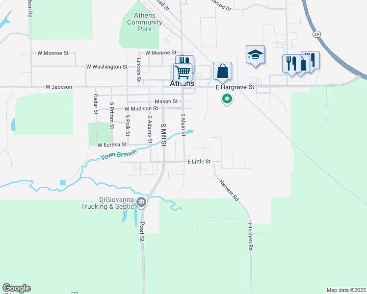 map of restaurants, bars, coffee shops, grocery stores, and more near 415-505 South Main Street in Athens