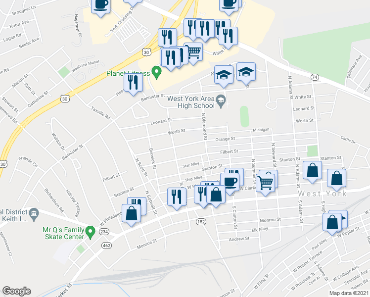 map of restaurants, bars, coffee shops, grocery stores, and more near 1946 Orange Street in York