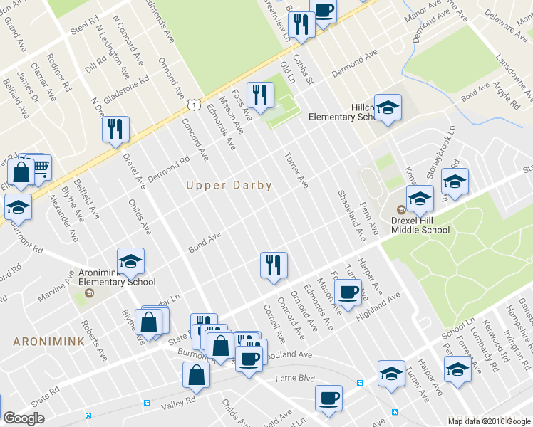map of restaurants, bars, coffee shops, grocery stores, and more near 944 Edmonds Avenue in Upper Darby