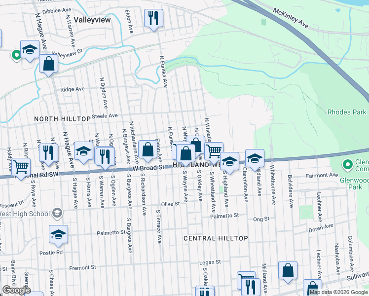 map of restaurants, bars, coffee shops, grocery stores, and more near 72 North Wayne Avenue in Columbus