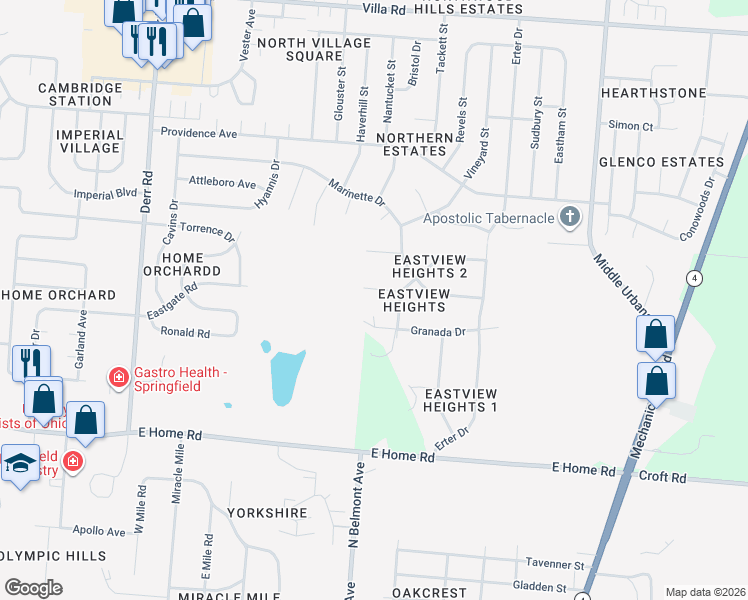 map of restaurants, bars, coffee shops, grocery stores, and more near 1800 Devon Dr in Springfield