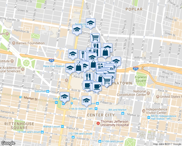 map of restaurants, bars, coffee shops, grocery stores, and more near 226 North 12th Street in Philadelphia