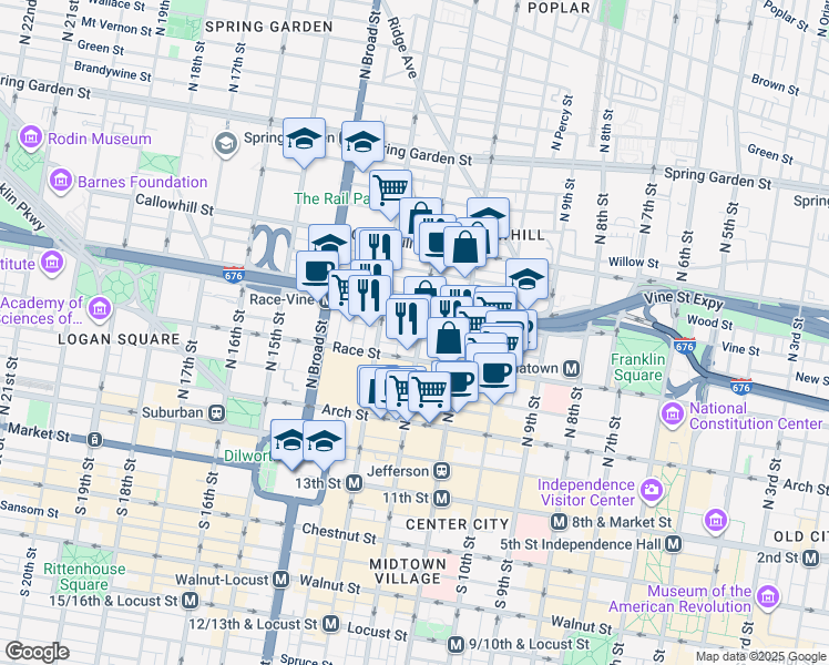 map of restaurants, bars, coffee shops, grocery stores, and more near 226 North 12th Street in Philadelphia