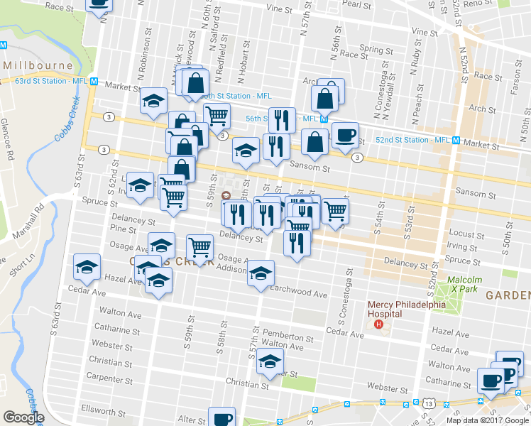 map of restaurants, bars, coffee shops, grocery stores, and more near 263 South Alden Street in Philadelphia