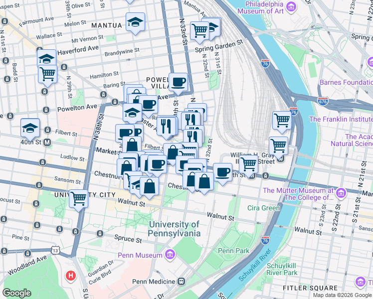 map of restaurants, bars, coffee shops, grocery stores, and more near 3141 Chestnut Street in Philadelphia