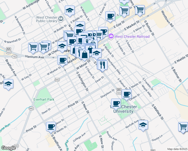 map of restaurants, bars, coffee shops, grocery stores, and more near 301 South Church Street in West Chester