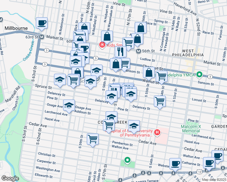 map of restaurants, bars, coffee shops, grocery stores, and more near 263 South Alden Street in Philadelphia