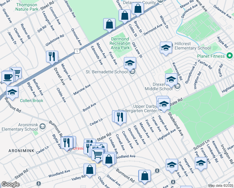 map of restaurants, bars, coffee shops, grocery stores, and more near 944 Edmonds Avenue in Upper Darby