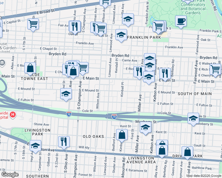 map of restaurants, bars, coffee shops, grocery stores, and more near 440 Linwood Avenue in Columbus