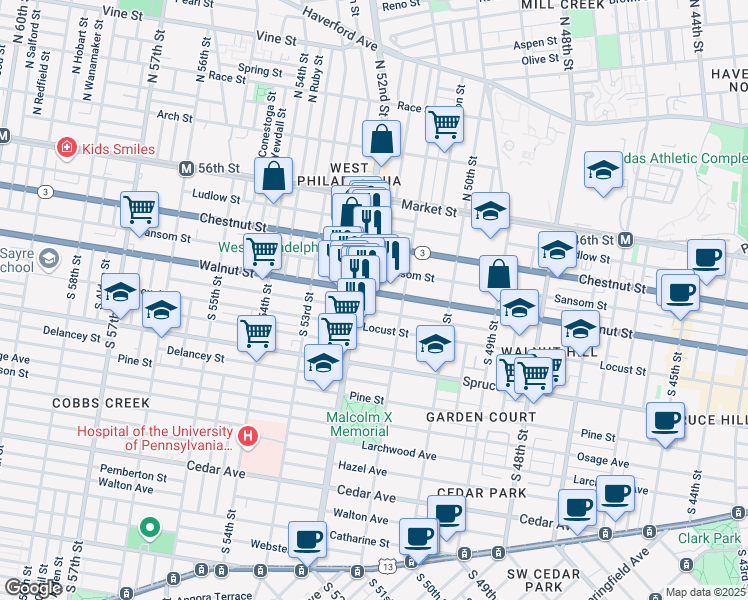 map of restaurants, bars, coffee shops, grocery stores, and more near 5151 Walnut Street in Philadelphia