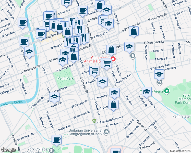 map of restaurants, bars, coffee shops, grocery stores, and more near 118 East Charles Lane in York