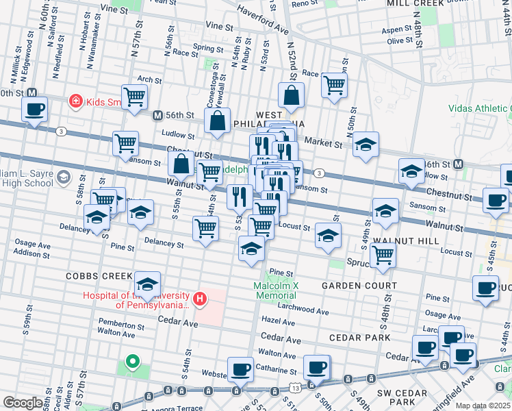 map of restaurants, bars, coffee shops, grocery stores, and more near 5235 Chancellor Street in Philadelphia