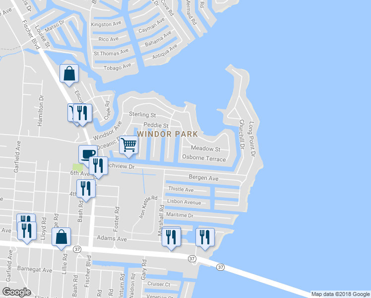 map of restaurants, bars, coffee shops, grocery stores, and more near 46 Meadow Street in Toms River