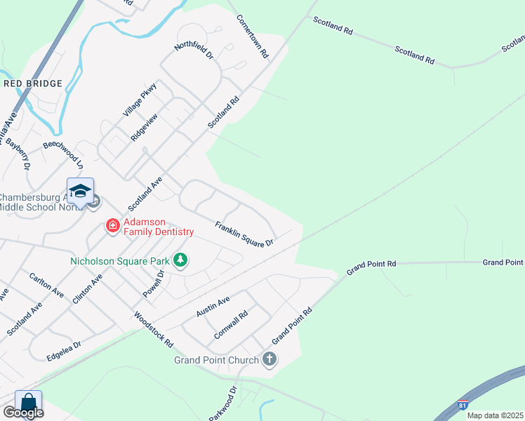 map of restaurants, bars, coffee shops, grocery stores, and more near 664 Franklin Square Drive in Chambersburg