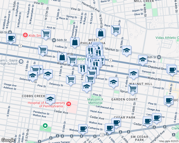 map of restaurants, bars, coffee shops, grocery stores, and more near 5228 Walnut Street in Philadelphia
