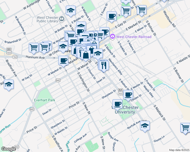 map of restaurants, bars, coffee shops, grocery stores, and more near 301 South Church Street in West Chester