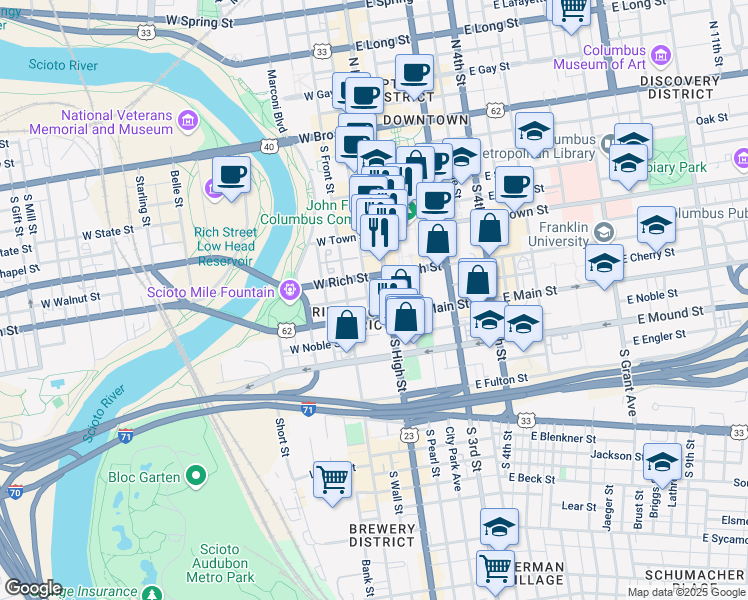 map of restaurants, bars, coffee shops, grocery stores, and more near 250 South High Street in Columbus
