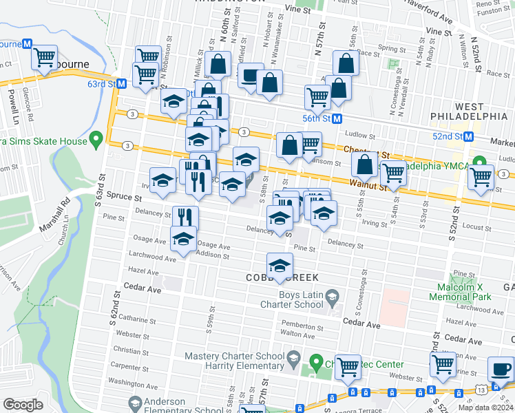 map of restaurants, bars, coffee shops, grocery stores, and more near 274 South 58th Street in Philadelphia