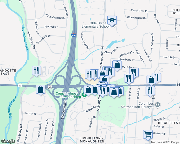 map of restaurants, bars, coffee shops, grocery stores, and more near 5951 Parliament Drive in Columbus