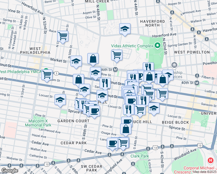 map of restaurants, bars, coffee shops, grocery stores, and more near 4635 Sansom Street in Philadelphia