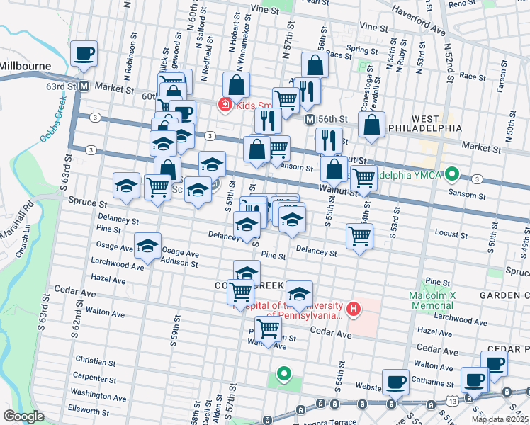 map of restaurants, bars, coffee shops, grocery stores, and more near 263 South 57th Street in Philadelphia