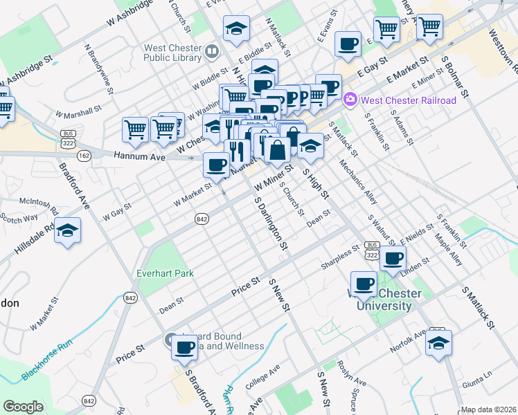 map of restaurants, bars, coffee shops, grocery stores, and more near 116 South Darlington Street in West Chester